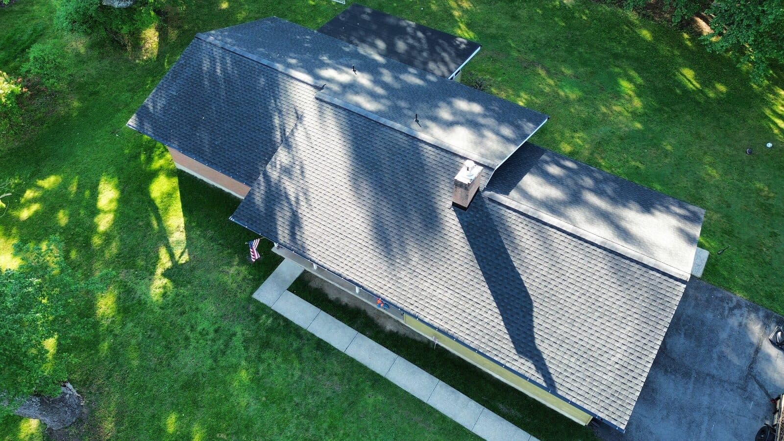 After drone photo of a completed Stroudsburg area roof by Ten Point Roofing